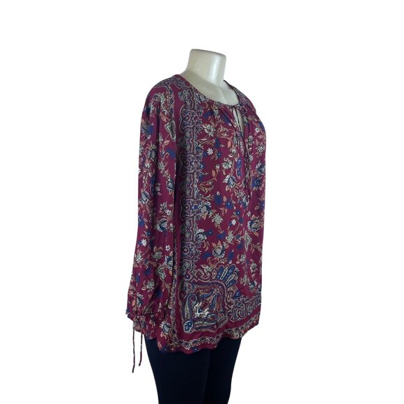 Lucky Brand Women's Maroon Floral Boho Peasant Long Sleeve Top Sz XL - Picture 2 of 8
